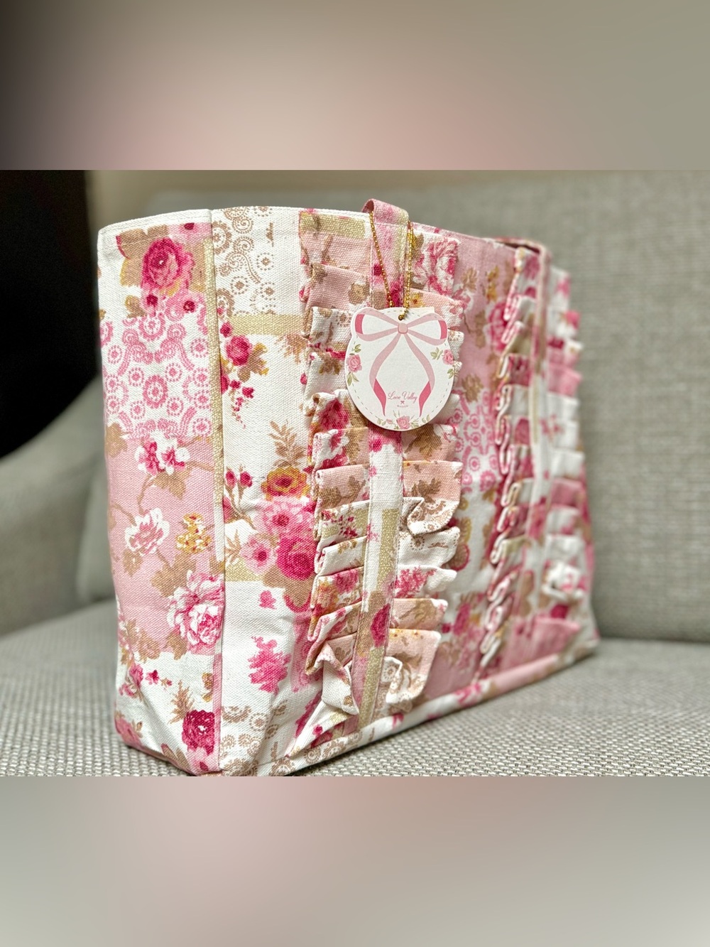 Ruffle 🌸 Floral Canvas Tote Bag Shoulder Bag Ivory Pink Brown Book sealed Bag - Picture 5 of 7